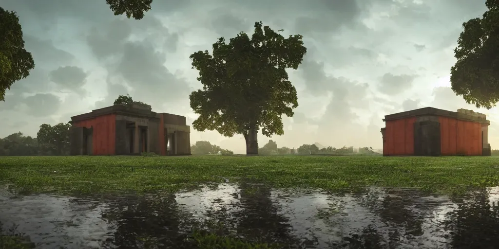 Image similar to abandoned temple of illuminati by le corbusier, empty streetscapes, surrounded by lush green vegetation, ground-level view, puddles of water, stunning volumetric lighting, sunset, trending on Artstation, 8k, photorealistic, hyper detailed, unreal engine 5, cinematic, epic lighting, cryengine, octane render, cyberpunk, red and orange glow, dark, gloomy