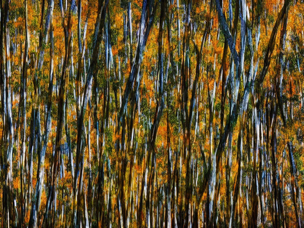 Image similar to double exposure photograph of tens of eucalyptus trees, flash exposure, autumn, in the style of edward steichen and pollock, sony ar 7 ii