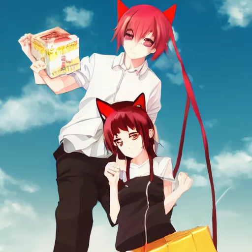 Image similar to anime woman with cat ears holding a package of sugar and a boy wearing white shirt and red tiw, digital artwork, in the style of krenz cushart