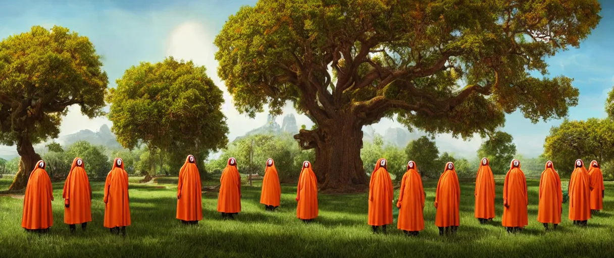 Image similar to hyperrealistic hyper detailed wide shot of low brow cyborg soldier nuns protecting a giant oak tree matte painting concept art key sage jeff koons very soft orange lighting low angle hd 8k sharp shallow depth of field