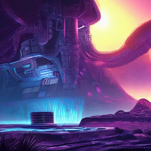 Prompt: alien ruins, retrowave epic art, trending on art station