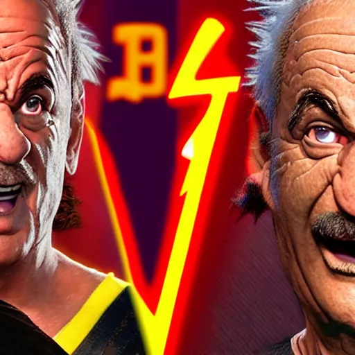 Image similar to Photo realistic live action Super Saiyan Frank Zappa vs Majin Bill Murray WWE takedown ray traced 8K anti-aliased highly detailed cinematic render award winning photography