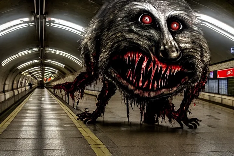 Image similar to very large giant mutant zombie irradiated ( angry rat ) staying on railways in tonnel of moscow subway. tonnel, railways, giant angry rat, furr, fangs, very realistic. extreme long shot, rusty colors, anish kapoor, ( herman nitsch, giger ).