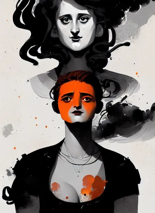 Image similar to highly detailed closeup portrait of beautiful grace gummer as dom dipierro, wavy ginger hair, black dress, by atey ghailan, by greg rutkowski, by greg tocchini, by james gilleard, by joe fenton, by kaethe butcher, gradient orange, black and white color scheme, grunge aesthetic!!! ( ( graffiti tag wall background ) )