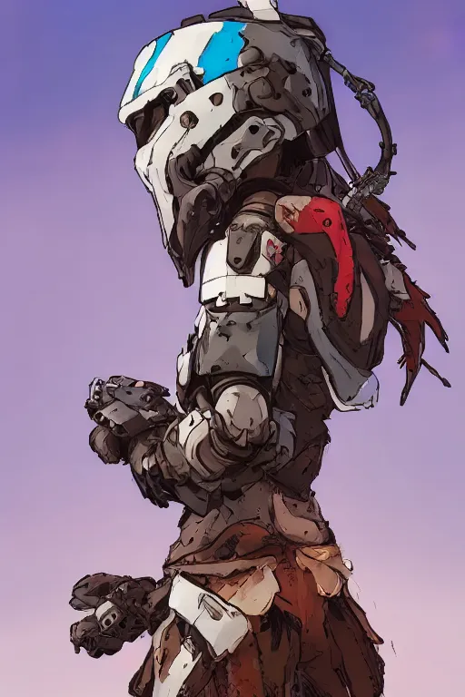 Image similar to combination suit armor aloy horizon forbidden west horizon zero dawn robot ninja mask helmet backpack tribal, gta 5 comics, official fanart behance hd artstation by jesper ejsing, by rhads, makoto shinkai and lois van baarle, ilya kuvshinov, ossdraws