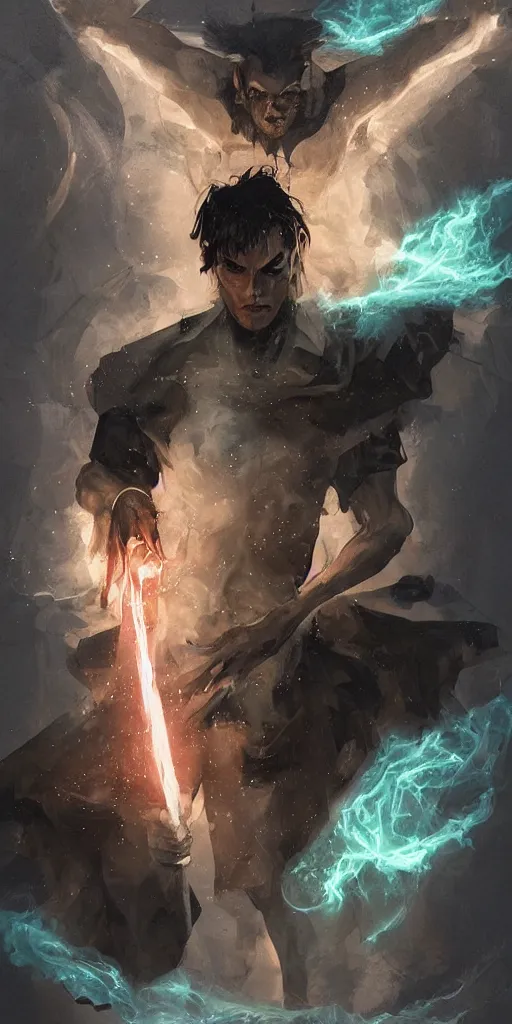 Image similar to 'a professional painting of a handsome young necromancer wizard casting an evil spell with a glowing spellbook, olive skin, buzzed short dark hair, beautiful bone structure, symmetrical facial features, intricate, elegant, digital painting, concept art, smooth, sharp focus, illustration, from Metal Gear, by Ruan Jia and Mandy Jurgens and Artgerm and William-Adolphe Bouguereau'