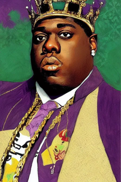 Prompt: ultra unrealistic portrait of rapper biggie smalls with kings crown and royal outfit, european, modern art, eclectic art, gold and colorful, illustration, by ramon casas