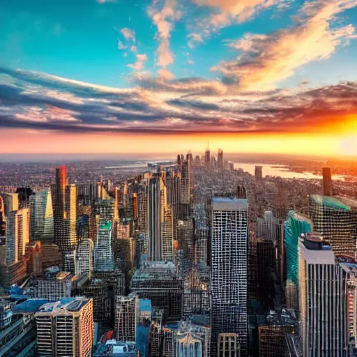 Image similar to Super High Detailed Panoramic photo-realistic of all the Major Cities in the United States at Sunset, Partly Cloudy, Excellent Lighting, in Autumn 8k