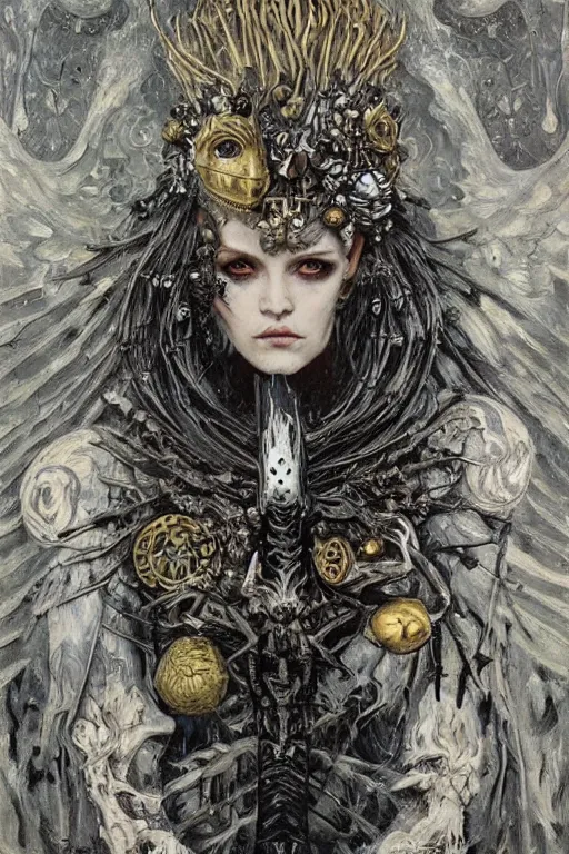 Prompt: The Knight of Bones by Karol Bak, Jean Deville, Gustav Klimt, and Vincent Van Gogh, portrait of a handsome vampire knight in armor, piercing grey eyes, ornate armor covered in thorns, bat wings, ornate dramatic bat wing helmet, hair made of shimmering ghosts, mystic eye, otherworldly, crown made of bones, catacombs, ornate jeweled crown, skulls, fractal structures, arcane, inscribed runes, infernal relics, ornate gilded medieval icon, third eye, spirals