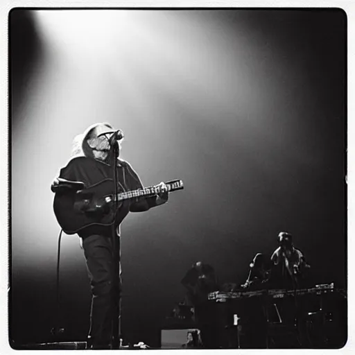 Image similar to willie nelson on stage, four fingers holdingguitar. god rays through fog.