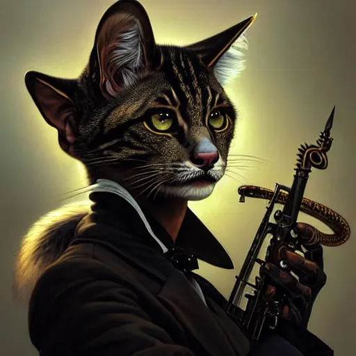 Image similar to portrait painting of a punk tabaxi bard with tuxedo fur, ultra realistic, concept art, intricate details, eerie, highly detailed, photorealistic, octane render, 8 k, unreal engine. art by artgerm and greg rutkowski and charlie bowater and magali villeneuve and alphonse mucha
