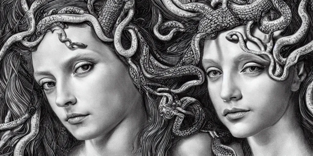 Image similar to realistic portrait of medusa with her snakes, golden, delicate, hyper realism, 1 4 5 0, ink, ultra realistic, 8 k