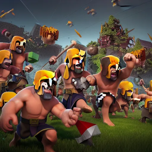 Image similar to clash of clans loading screen, dynamic, 3 d, octane render, studio lighting, dramatic, high angle, high contrast, artstation,