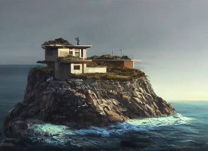 Image similar to brutalist house, coastal perched on a cliff overlooking a magnificient bay, concept art oil painting by Jama Jurabaev, extremely detailed, brush hard, artstation