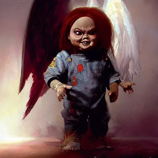 Image similar to the doll chucky as the angel seraphim according to the prophet isaiah, oil painting, by greg rutkowski