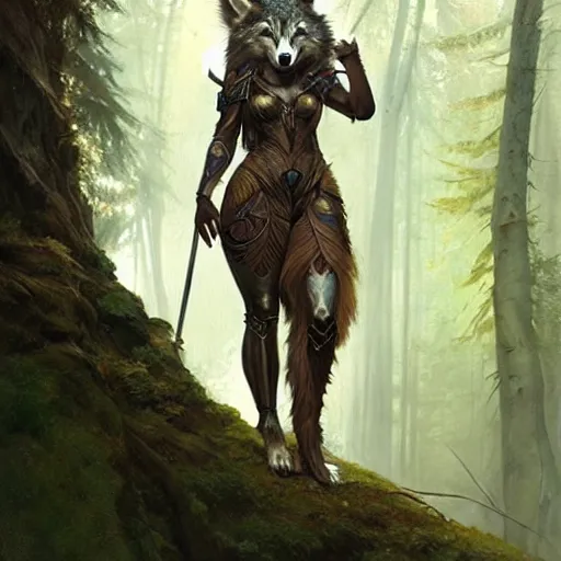 Prompt: long shot photo of a humanoid female she - wolf with wolf head were a heroic dress an armour in the forest, long hair, highly detailed, digital painting, artstation, smooth, sharp focus, illustration, art by artgerm and greg rutkowski and alphonse mucha