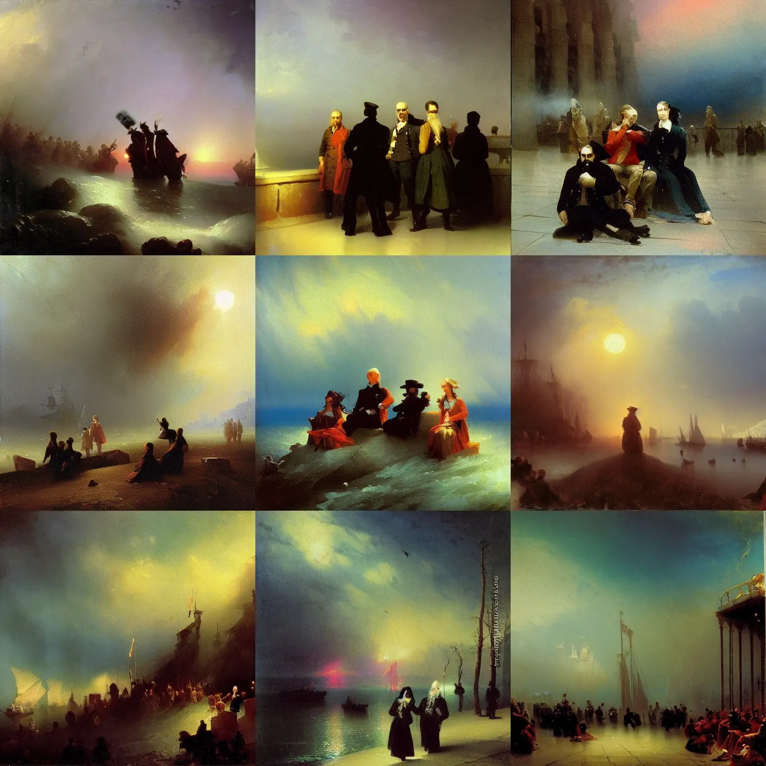 Prompt: A painting by Ivan Aivazovsky. Some goths hanging out at a Hot Topic store in the mall