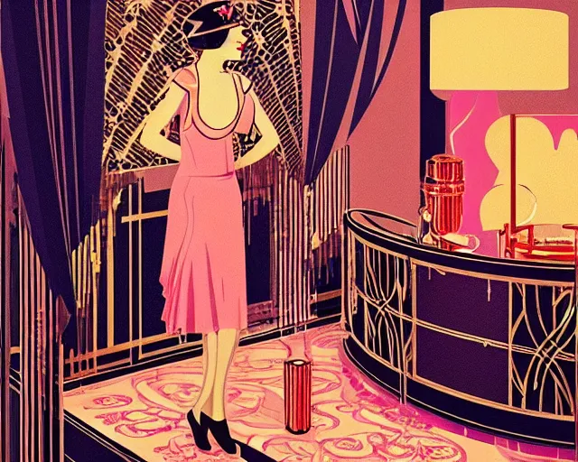 Image similar to 1 9 2 0 s teenager in art deco style, champagne commercial, artstation, illustration, bright, cheerful, detailed and intricate environment