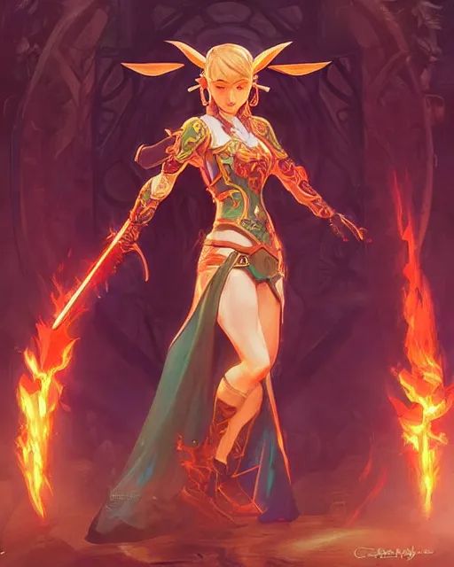 Image similar to zelda, full body photo, flames everywhere, highly detailed, digital painting, artstation, concept art, smooth, sharp focus, illustration, art by artgerm and greg rutkowski and alphonse mucha