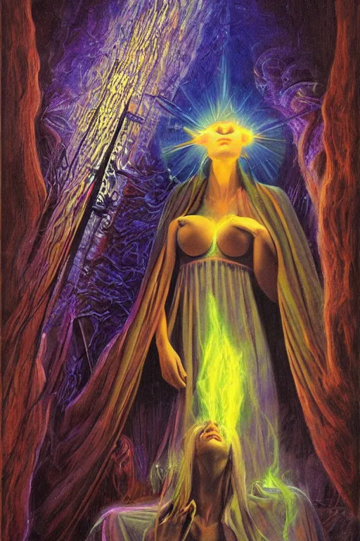 Image similar to gorgeous robed cult girl performing realism third eye ritual, dark theme night time, expanding electric energy waves into the ethereal realm, epic surrealism 8k oil painting, portrait, perspective, high definition, post modernist layering, by Ernst Fuchs, Gerald Brom