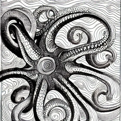 Prompt: MC Escher illustration of an octopus