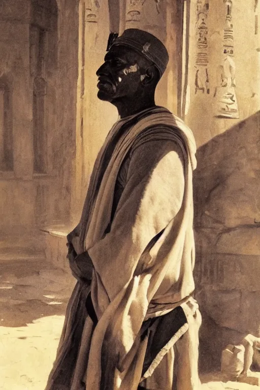Prompt: a closer hero portrait of a live nubian temple guard in old egypt. masterpiece, dramatic light and shadow, saturated colors, ciaroscuro. painted by anders zorn