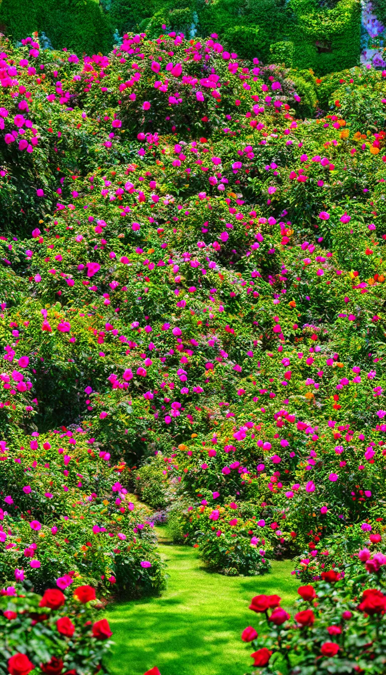 Prompt: highly detailed photo of colorful rose garden on sunny day, hyper realistic, concept art, 8 k detail post - processing