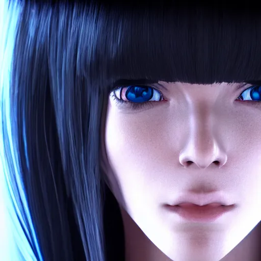 Image similar to « portrait, attractive, blue eyes, black hair, middle length hair, ghost in the shell, front view, unreal engine 5 »