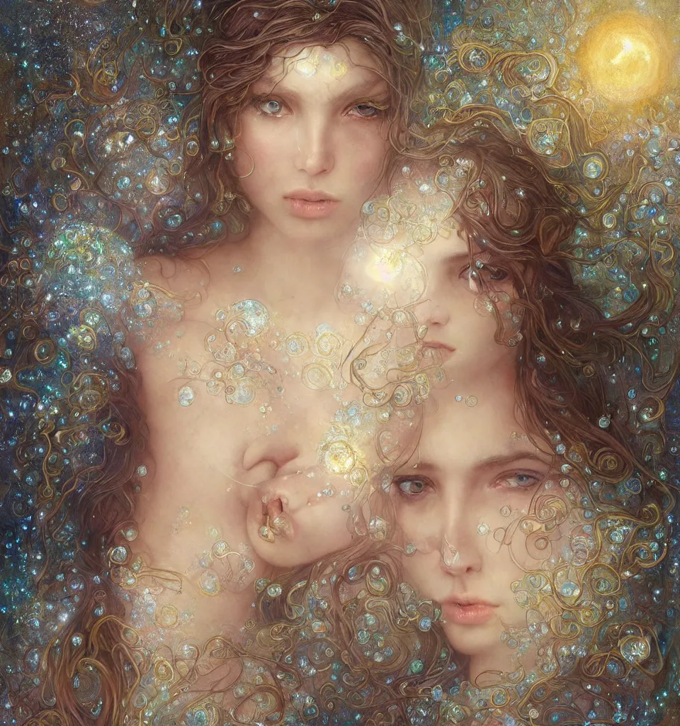 Image similar to Beautiful Delicate Detailed portrait of sun summer woman, With Magical golden eyes by Tom Bagshaw, Bastien Lecouffe Deharme, Erik Johansson, Amanda Sage, Alex Grey, Alphonse Mucha, Harry Clarke, Josephine Wall and Pino Daeni, Delicate winter frozen creature With long golden Hair and Magical Sparkling Eyes, Magic Particles; Magic Swirls, in a out of this world magical summer landscape, 4K; 64 megapixels; 8K resolution concept art; detailed painting; digital illustration; hyperrealism; trending on Artstation; Unreal Engine Photorealistic, lifelike, Unreal Engine, sharp, sharpness, detailed, 8K