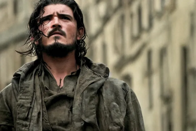 Image similar to Orlando Bloom as Che Guevara in 'Guevara' (2008), movie still frame, promotional image, imax 70 mm footage, oscar nominated cinematography, volumetric lighting, 8k resolution