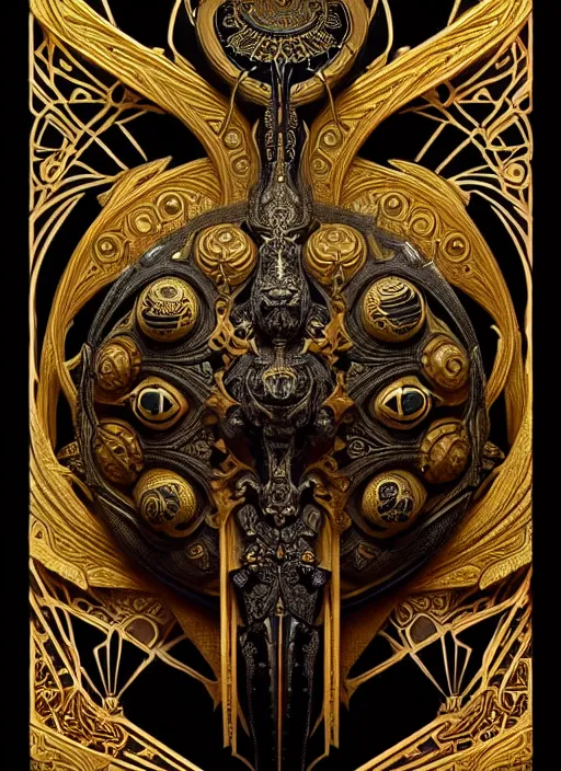 Image similar to sacred sarcophagus, ornate art nouveau scarabs, black and gold palette, symmetry, fantasy, intricate, elegant, highly detailed, colorful, dark colors, dramatic shadow, digital painting, artstation, concept art, art by artgerm and greg rutkowski and ruan jia,