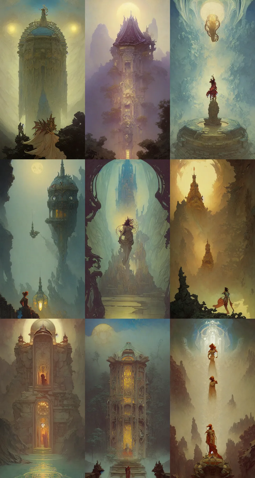 Prompt: temple of the moon, art nouveau architecture, fantasy, art by joseph leyendecker, peter mohrbacher, ivan aivazovsky, ruan jia, reza afshar, marc simonetti, alphonse mucha