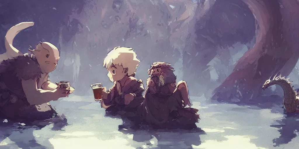 Image similar to a dwarf and his small pet dragon drinking a beer together | sharp contrast | by greg rutkowski makoto shinkai takashi takeuchi studio ghibli