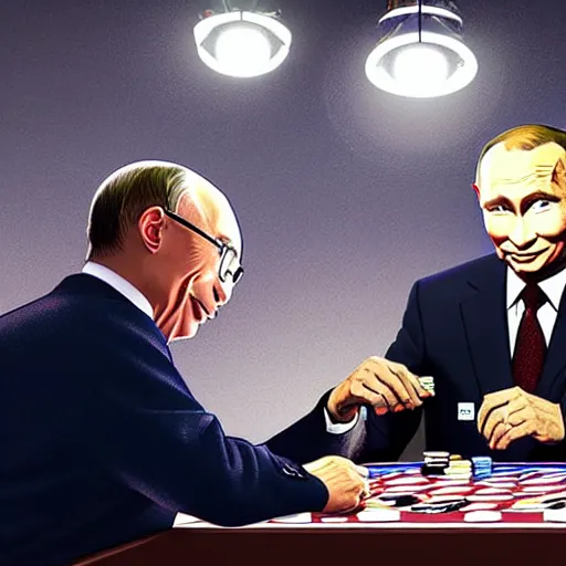 Image similar to UHD photorealistic Bill Gates playing poker with Klaus Schwab and Vladimir Putin, hyperrealistic, correct details, cosmic dynamic lighting, symmetrical faces, accurate faces, in the style of art nouveau