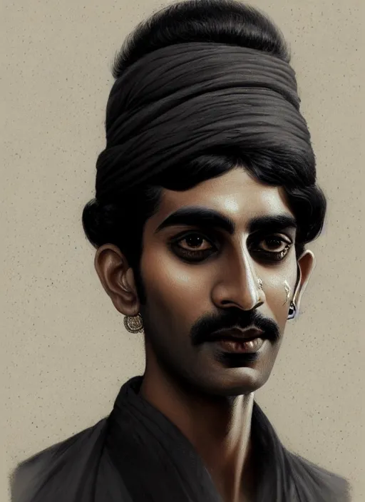 Image similar to portrait of an indian man with a crooked nose and a confident expression, 1 9 6 0 s, black clothes, goth, punk, funk, intricate, elegant, highly detailed, digital painting, artstation, concept art, smooth, sharp focus, illustration, art by wlop, mars ravelo and greg rutkowski