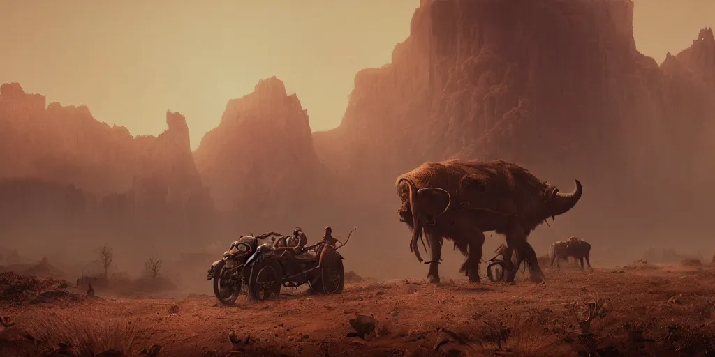 Image similar to an ancient tribesman driving an ancient motorcycle, hunting buffalo ,attacking, chase, action scene, an epic fantasy, dramatic lighting, cinematic, establishing shot, extremely high detail, photorealistic, cinematic lighting, artstation, octane render, by simon stalenhag, horizon forbidden west,old photo, vintage