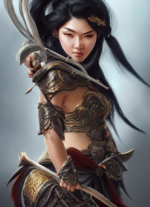 Image similar to a highly detailed illustration of fierce black haired mongol warrior woman with bow, heroic shooting bow pose, perfect hyperdetailed face, intricate, elegant, highly detailed, centered, digital painting, artstation, concept art, smooth, sharp focus, league of legends concept art, wlop.