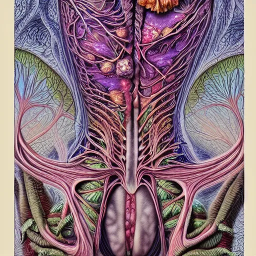 Image similar to a beautiful detailed photo of a rotten woman corpse morphing into fractal plants and fractal flowers and mushrooms, muscles, veins, anatomical, intricate, ornate, volumetric light, beautiful lit, alex grey