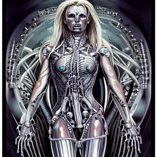 Image similar to britney spears encased in biomechanical machine, heavy conduits, complex scene, rich composition, heavy in detail, corruption, smooth, sharp focus, airbrush, illustration, symmetrical, portrait, art by h. r. giger