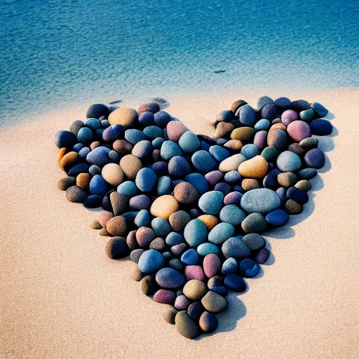 Prompt: sea shore of a pebble beach, pebbles are shaped like hearts, mate colors, sunny day, award winning photography, 4K