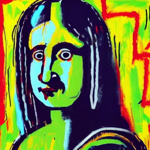 Prompt: portrait painting of monalisa in the style of jean-Michel Basquiat