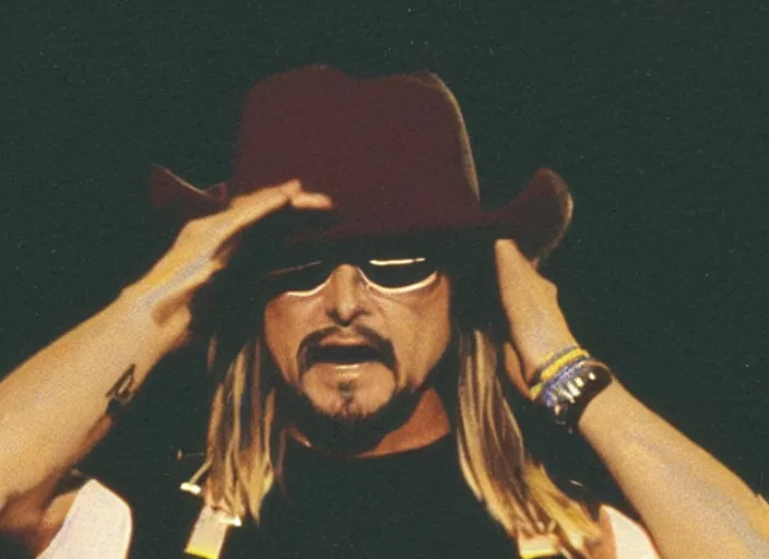 Image similar to polaroid movie still of kid rock crying during a concert in woketown