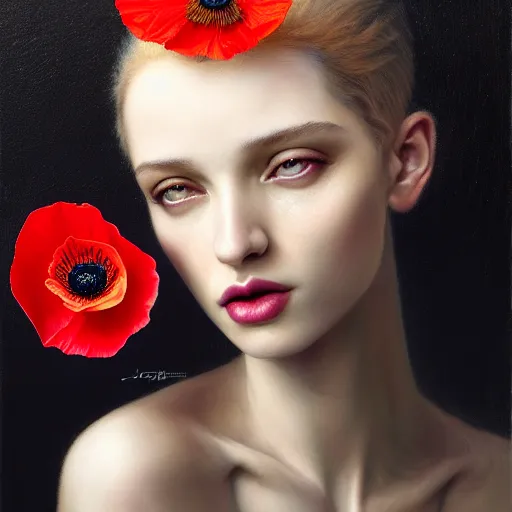 Image similar to portrait of a gorgeous young poppy queen, uniquely beautiful, surreal, fantasy, ornamental, intricate, elegant, dramatic lighting, emotionally evoking symbolic metaphor, highly detailed, lifelike, photorealistic, digital painting, artstation, concept art, smooth, sharp focus, illustration, art by John Collier and Krenz Cushart and Artem Demura and Alphonse Mucha and Albert Aublet