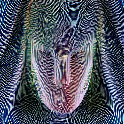 Prompt: three dimensional portrait of a woman inspired by data - driven art, generative, coding, particle waves, spirals