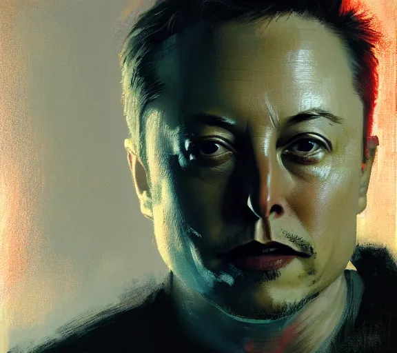 Image similar to a hyper-detailed portrait of Elon Musk by Craig Mullins; oil on canvas; trending on artstation; 90mm; f/1.4