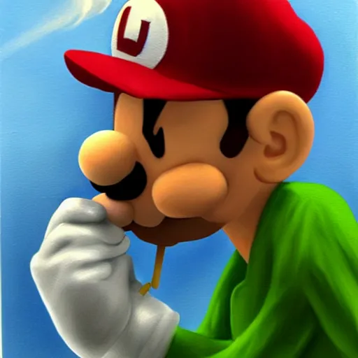 Prompt: super luigi smoking a blunt, realistic, oil painting