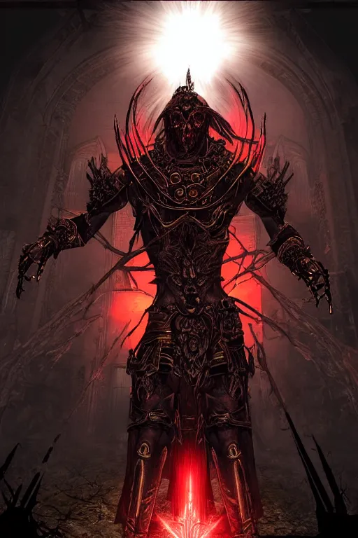 Image similar to Path of Exile, [Sirius], clear [[bronze]] face [mask], luminous red eyes, male image with [bronze] black armor, sitting on the throne, inside the ruined gothic church, black shadows, red lasers, dark red bloody fog, black-grey smoky tornadoes fly around, [[blood]], Anachronism, painting, dark fantasy, steampunk, 4k, perfect quality,