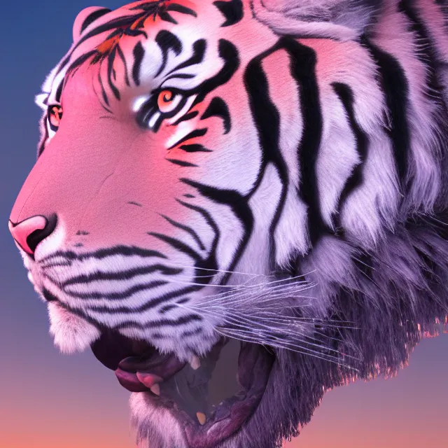 Image similar to 4 k magical realism render of a gigantic tiger head made of crystaline rose quartz, symetrical features.