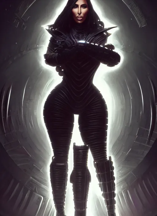 Image similar to highly detailed full body portrait of kim kardashian in futuristic ninja armor, character in mortal kombat x, stephen bliss, unreal engine, fantasy art by greg rutkowski, loish, rhads, ferdinand knab, makoto shinkai and lois van baarle, ilya kuvshinov, rossdraws, tom bagshaw, alphonse mucha, global illumination, radiant light