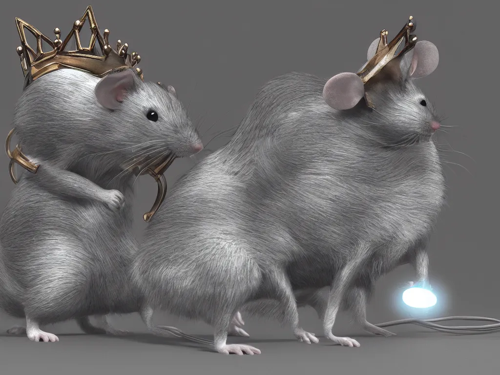 Prompt: a computer mouse pretends to be the king of ordinary mice and wears a crown, highly detailed, sharp focus, cinematic lighting, unreal engine 5, neon version of style jim burns